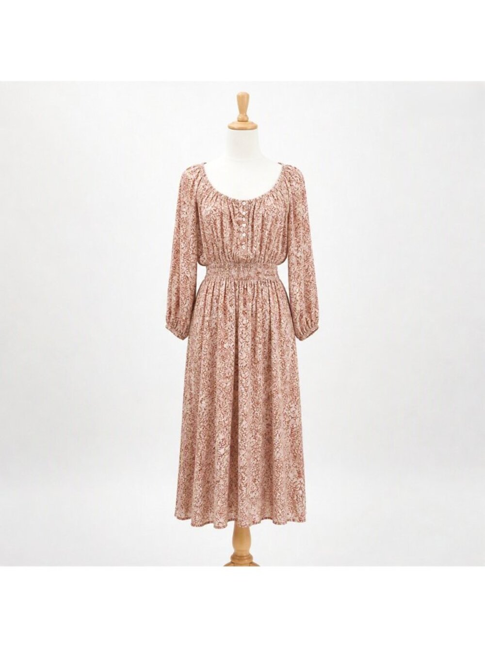 Wonderly Dress Womens L Brown Floral Smocked Waist Midi Boho Casual Cottagecore